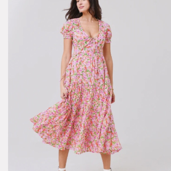 Banjanan Peach, Pink and Green Norma Midi Dress Size XS - Picture 2 of 15